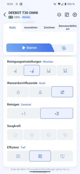 ECOVACS T30 OMNI Reinigungseinstellungen