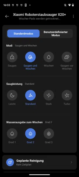 Xiaomi X20+ Saugroboter Reinigungseinstellungen