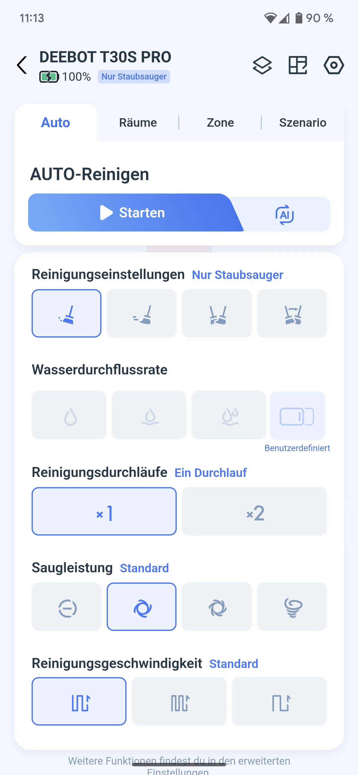 Ecovacs T30S PRO OMNI App Reinigungseinstellungen
