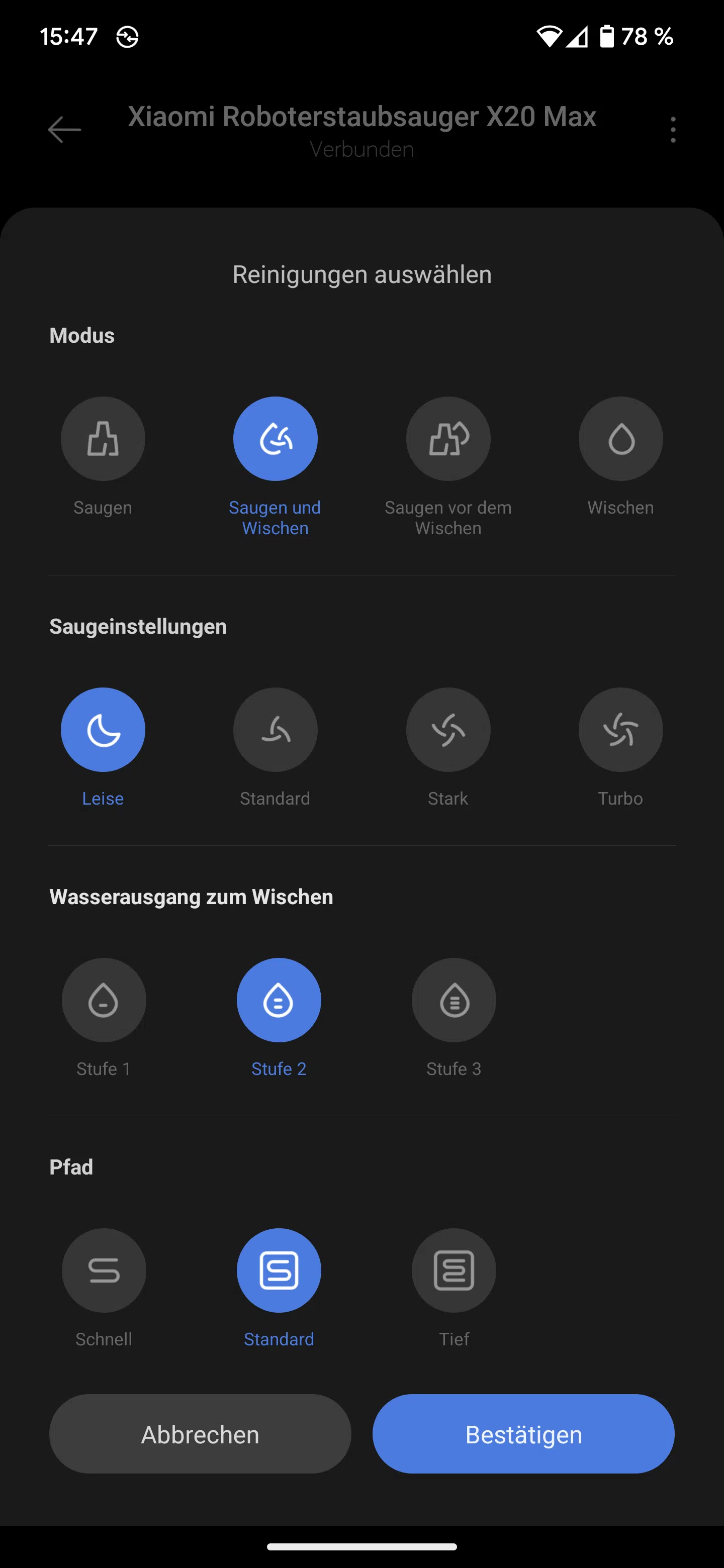Xiaomi X20 Max Reinigungseinstellungen