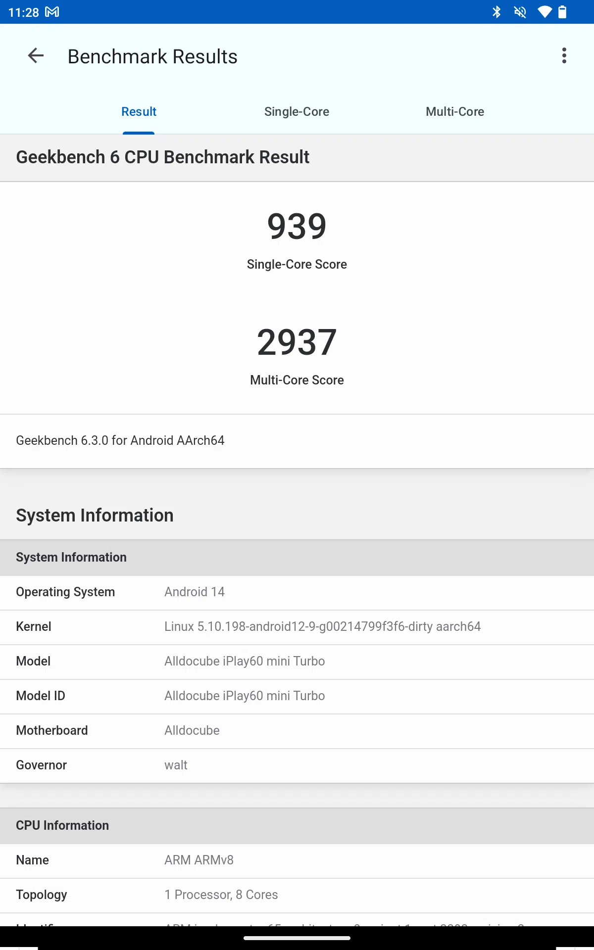 Alldocube iPlay 60 mini Turbo Geekbench CPU