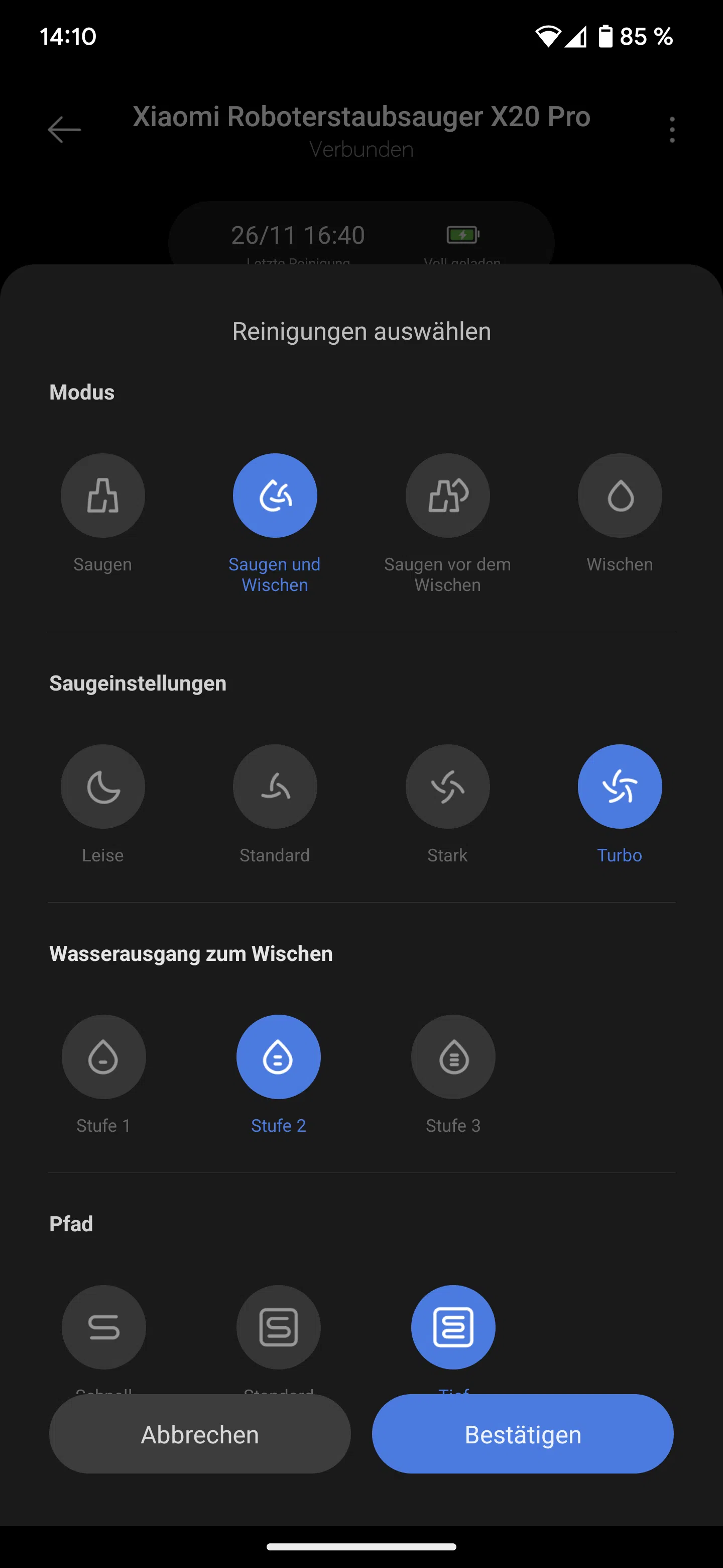 Xiaomi X20 Pro App Reinigungseinstellungen