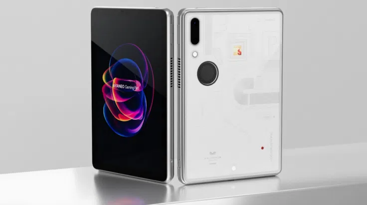 AYANEO Gaming Pad in Weiß nebeneinander Front und Rueckseite
