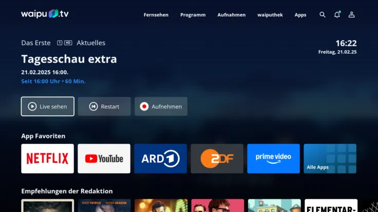 Waipu.tv Box Fernsehen Oberfläche