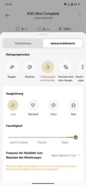 Dreame X50 Ultra Complete App Reinigungseinstellung benutzerdefiniert