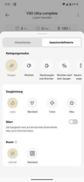 MOVA V50 Ultra Complete App Benutzerdefinierte Reinigungseinstellungen