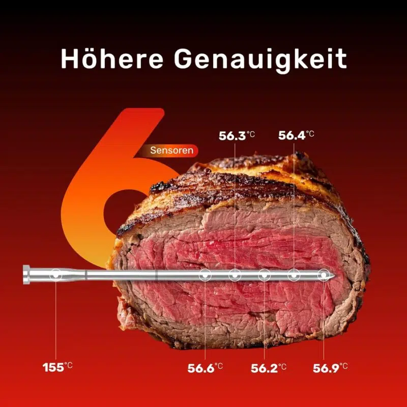 Meatmeet S Pro vleesthermometer, draadloos, met bluetooth, 6 temperatuursensoren, werkt tegelijkertijd, ± 0,1 °C nauwkeurigheid, app- bewaking met timer en alarm, IP69 waterdicht en oliebestendig