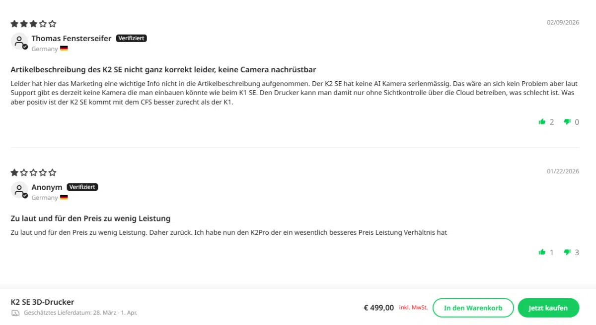 Creality K2 SE Bewertungen