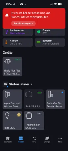 Homey Pro Test App Popup Fehlermeldung