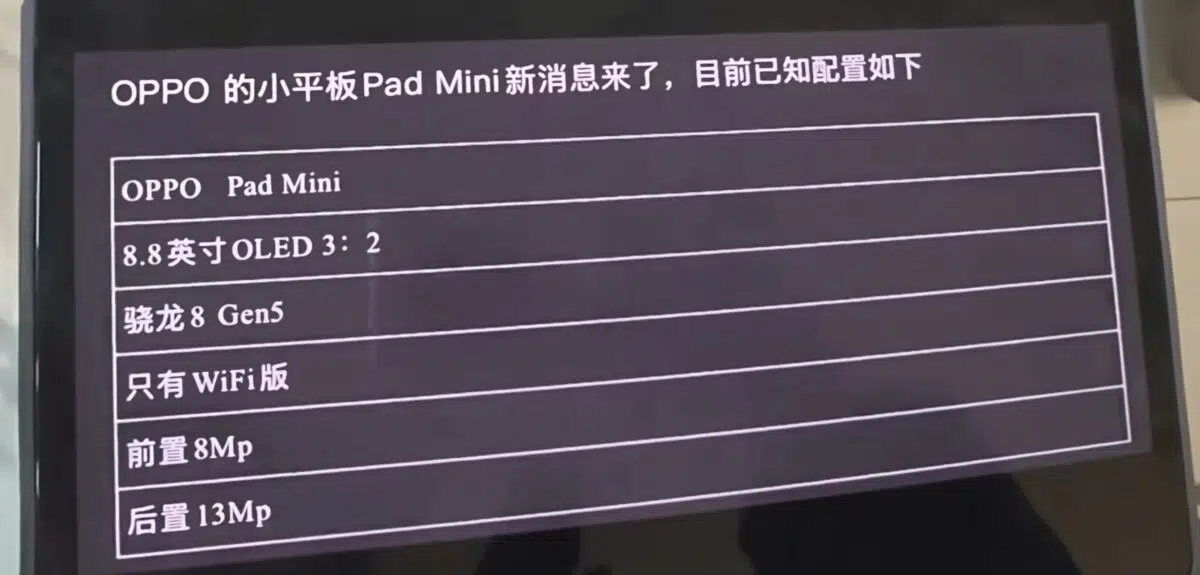 OPPO Pad Mini Specs