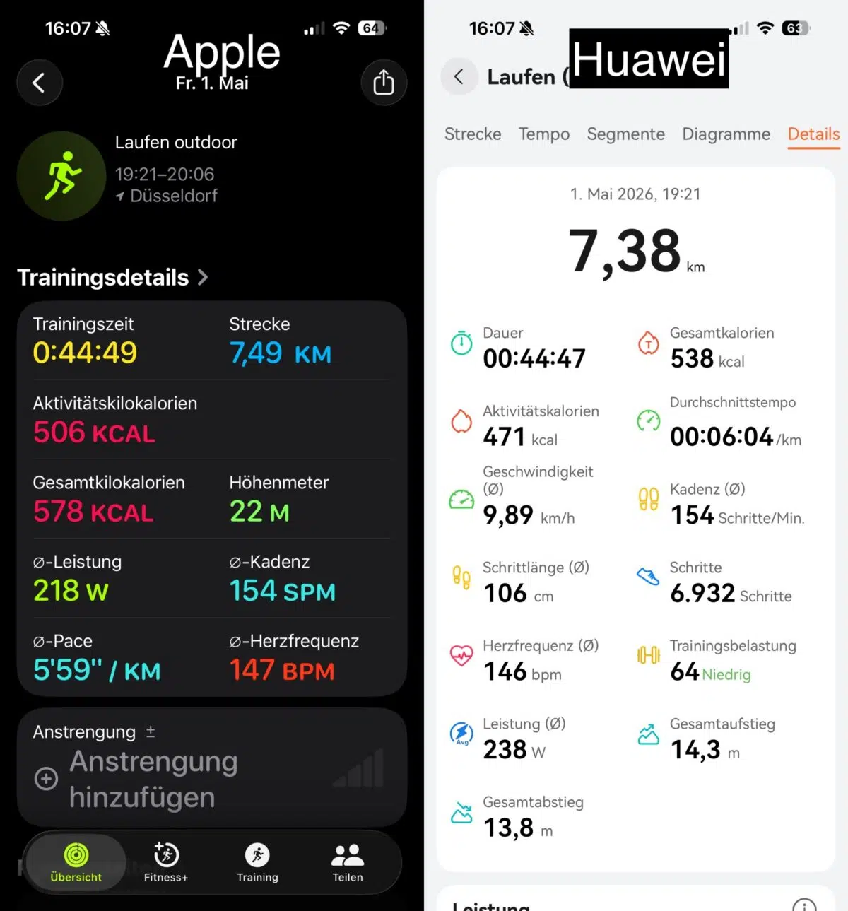 Huawei Watch Fit 5 Pro vs Apple Watch Stats Laufen