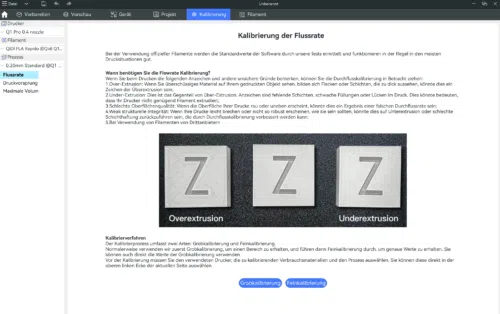 Qidi X MAX 4 Slicer Flussratenkalibrierung Tab