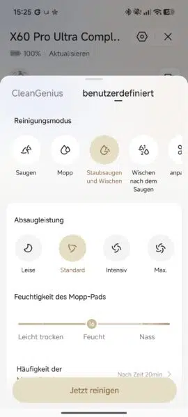 Dreame X60 Pro Complete Reinigungseinstellungen