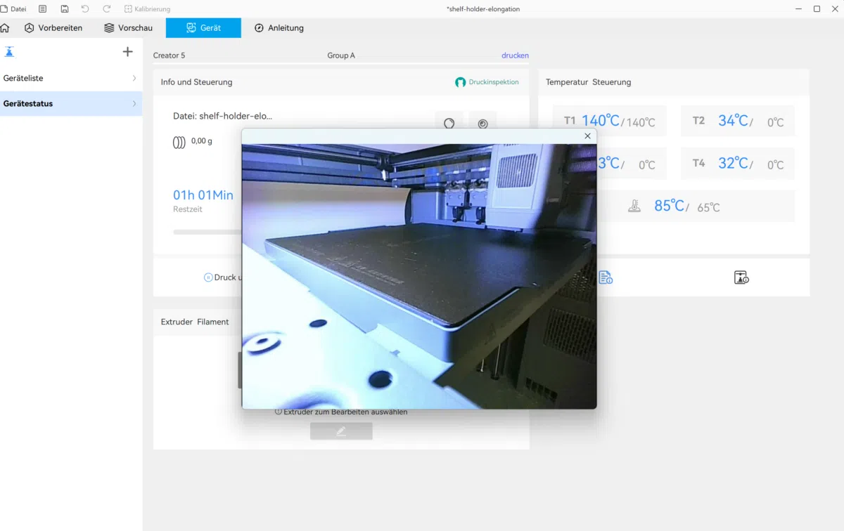 Flashforge Creator 5 Webcam Bild Flashforge Creator 5 Webcam Bild